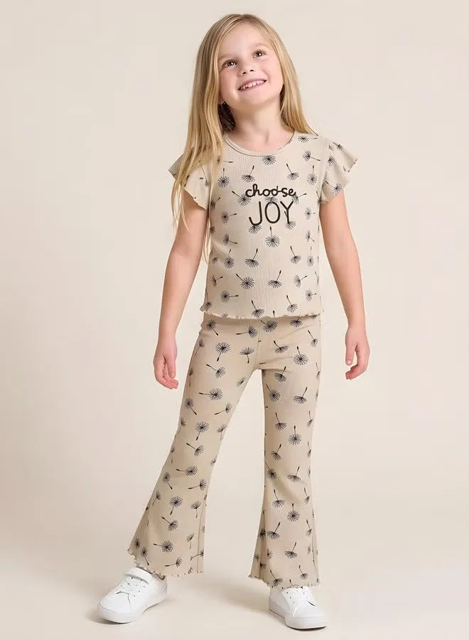 Комплект с оборками и расклешенными брюками Girls ribbed ruffle top and flare pants set Take Two, бежевый — фото 4