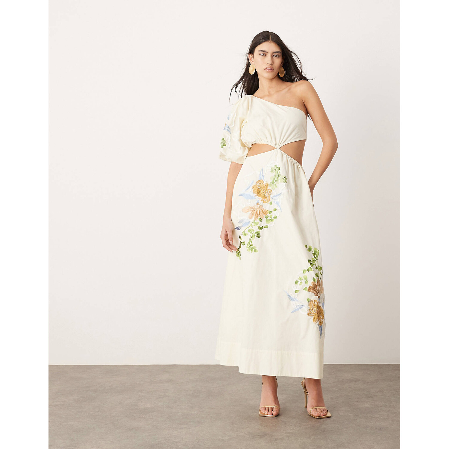 

Платье Asos Edition Embroidered Floral Shoulder Puff Sleeve, кремовый