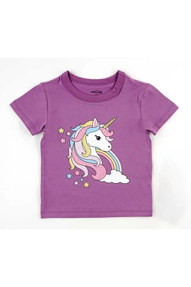 Детская футболка для девочек хлопковая Fuar Baby, Mor Unicorn Desenli — фото 2
