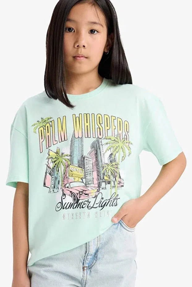 Детская футболка для девочек с принтом Relax fit crew neck printed short sleeve t-shirt girls Defacto, Turquoise