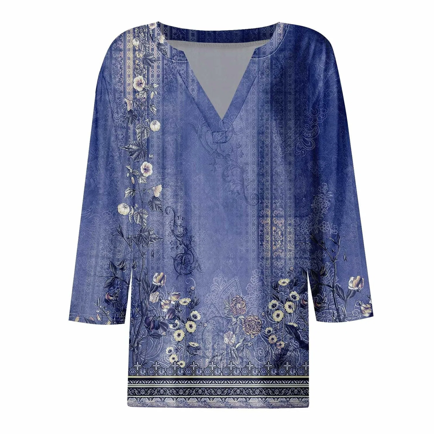Женская блуза с принтом Women Blouses 3/4 Sleeve V Neck Casual Elegant Summer Boho Floral Print Blouses, 31#blu Scuro — фото 3