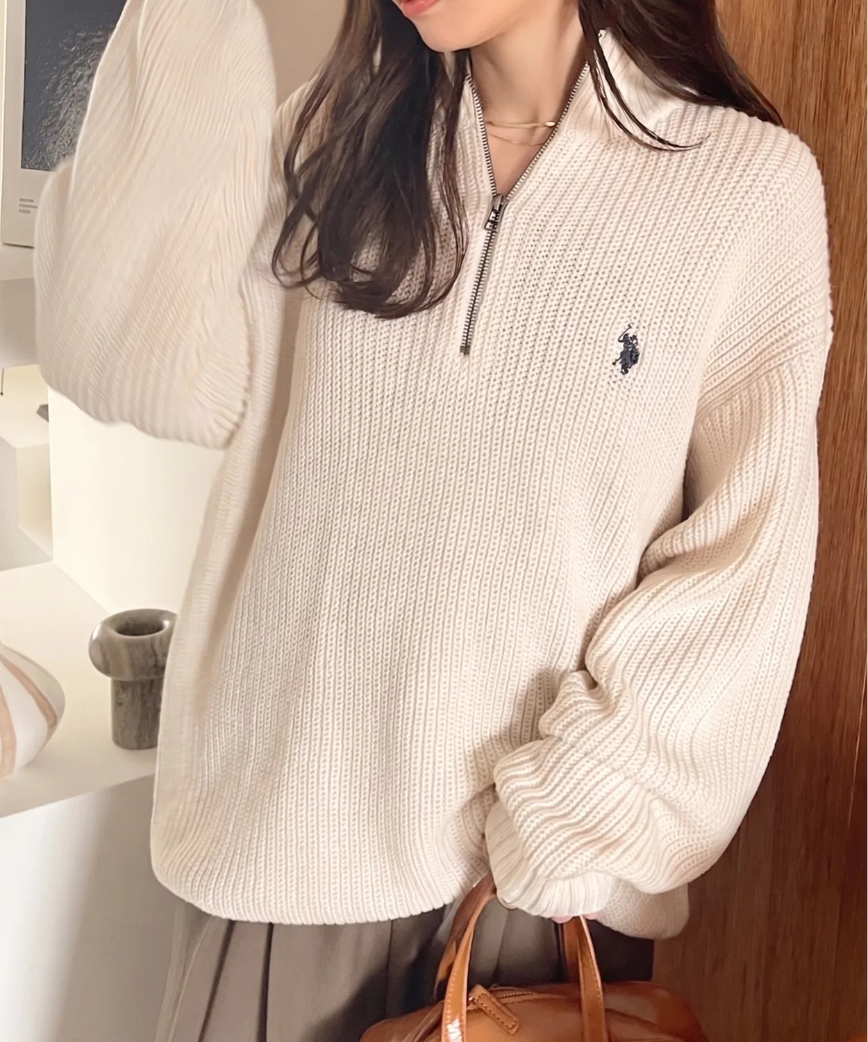Женский свитер-поло с длинным рукавомU.S. POLO ASSN., Ivory