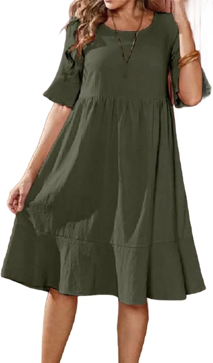 Женское свободное платье миди с плиссе V-образным вырезом, Army Green