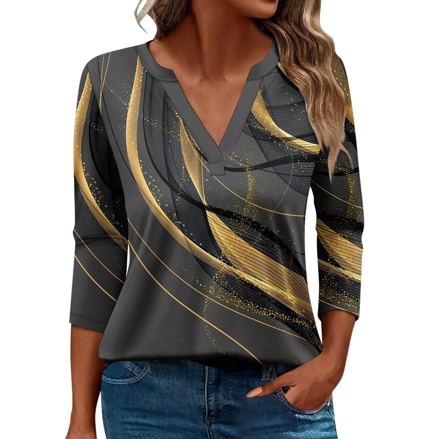 Женская блуза с принтом Women Blouses 3/4 Sleeve V Neck Casual Elegant Summer Boho Floral Print Blouses, 16#oro