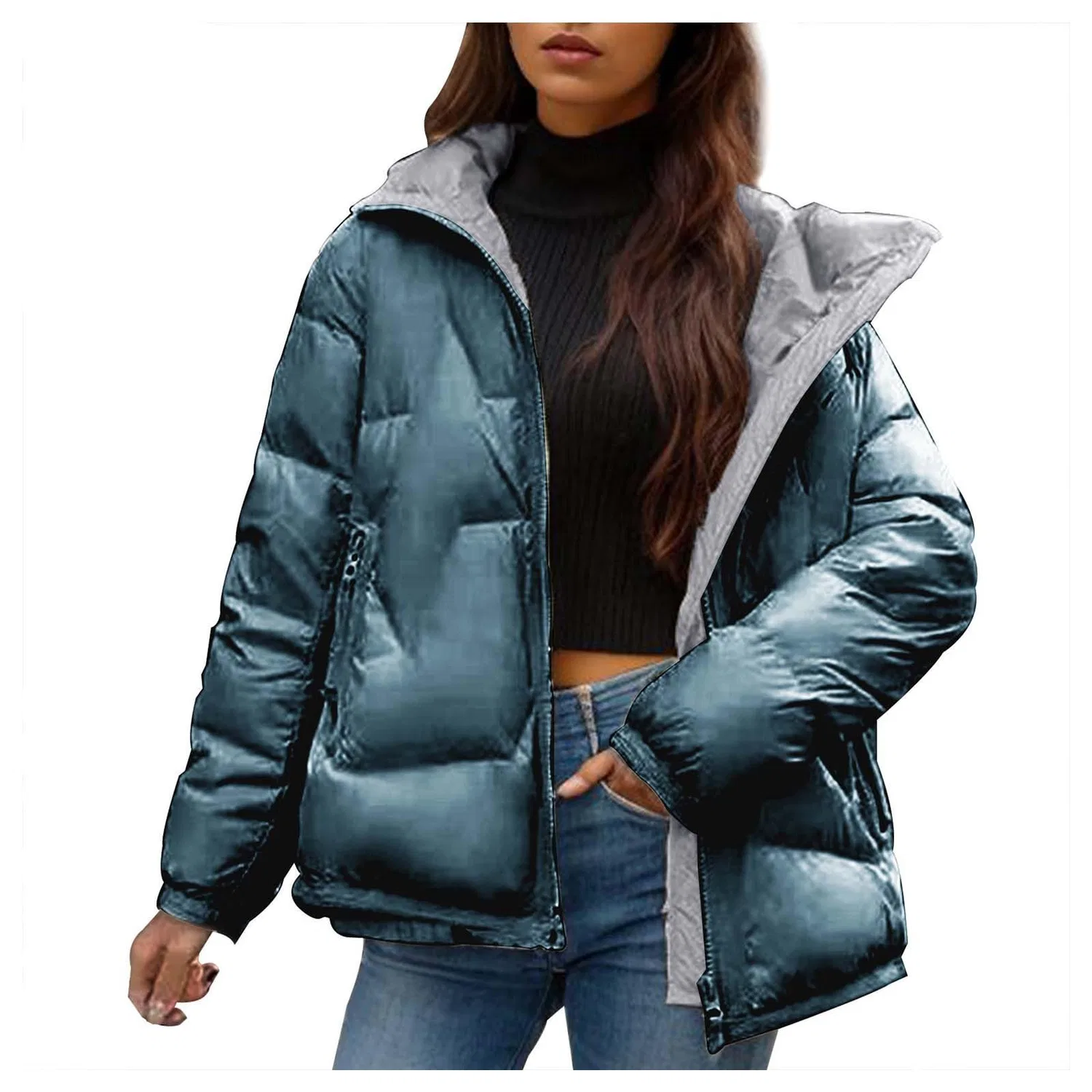 Женская куртка с высоким воротником Plus Size Dress Lightweight Women High Neck Casual Shiny Jacket Long Jacket Red, green