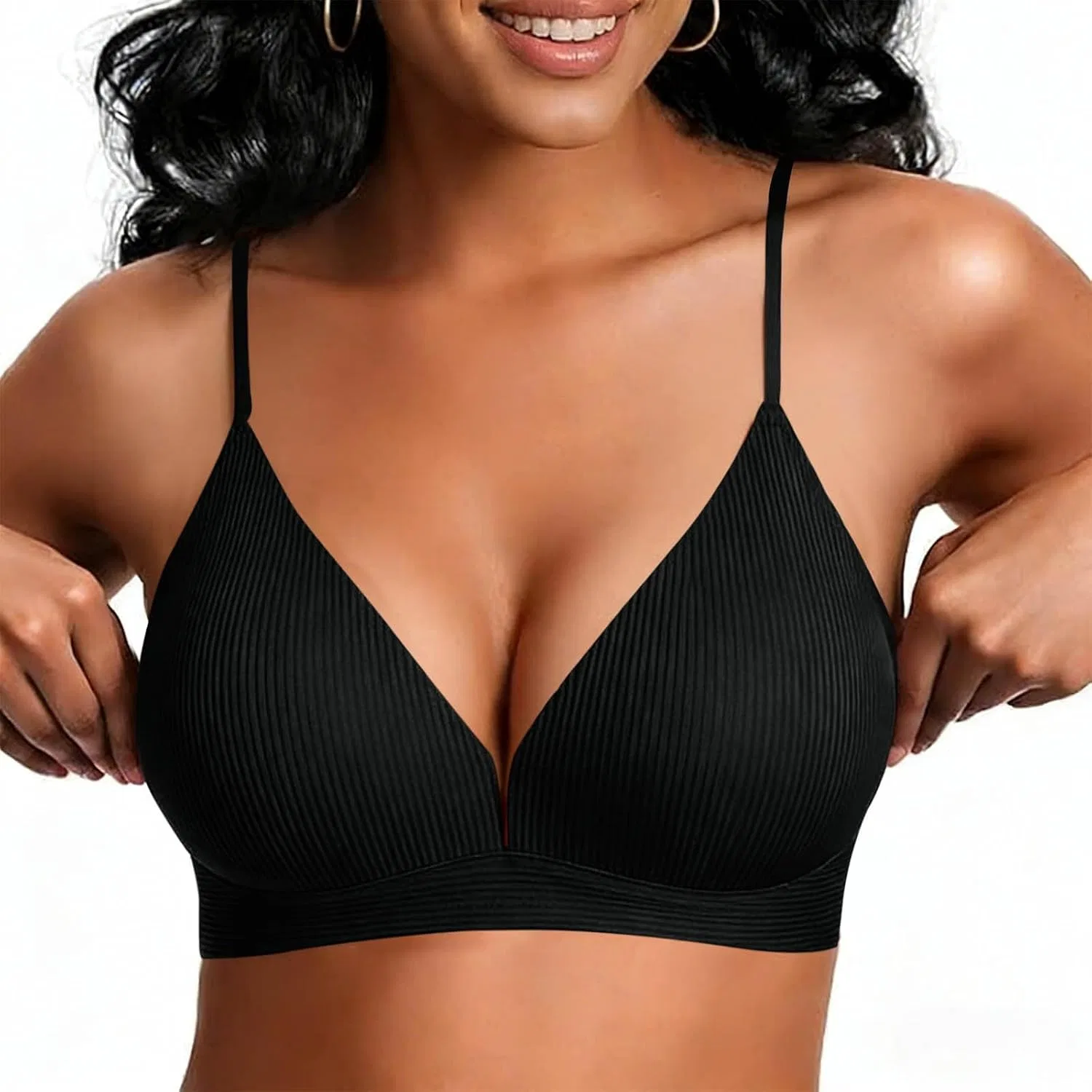 Женский бикини-топ треугольник V-образный вырез Ribbed, Black — фото 2