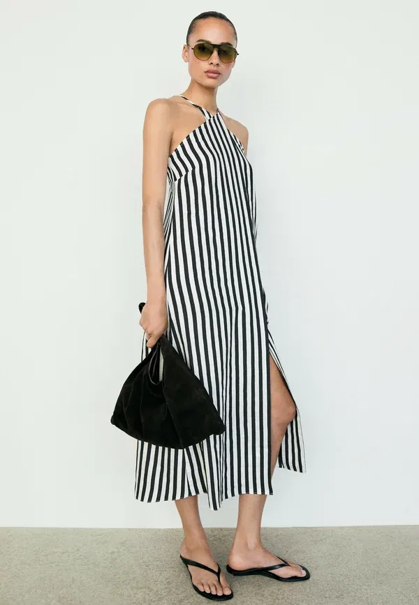Платье полосатое Striped midi dress with crisscross straps Massimo Dutti, черный — фото 2
