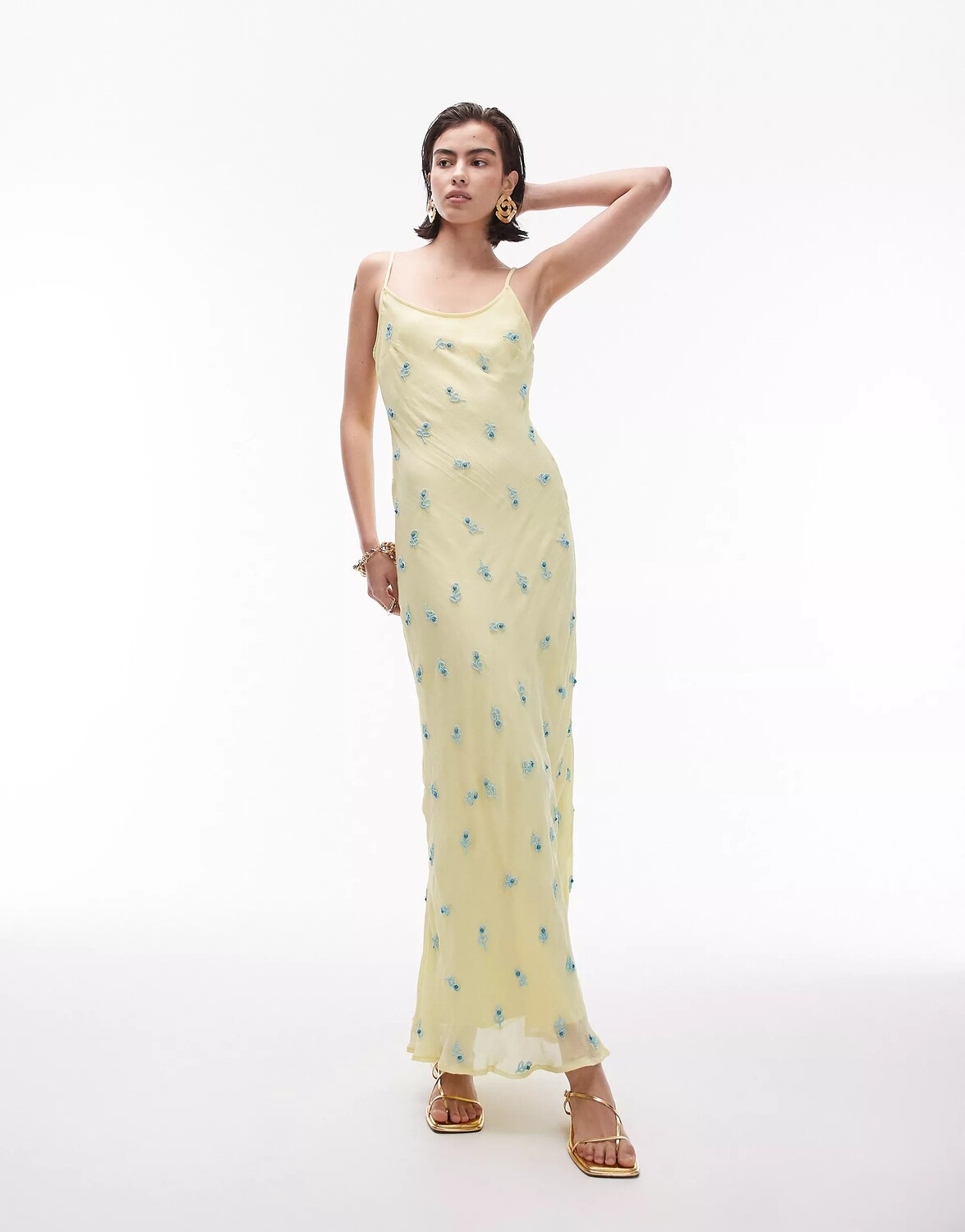 

Платье миди Topshop Cami With Blue Floral Embroidery, светло-желтый