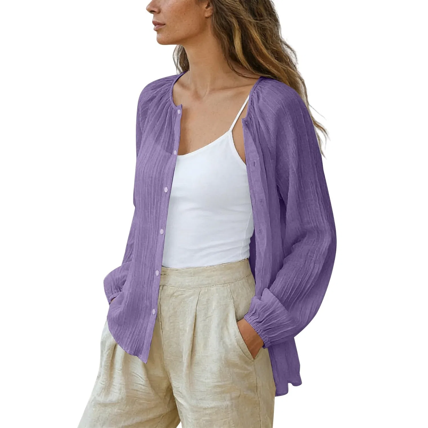 Женская блузка из хлопка и льна с длинным рукавом, Purple — фото 4