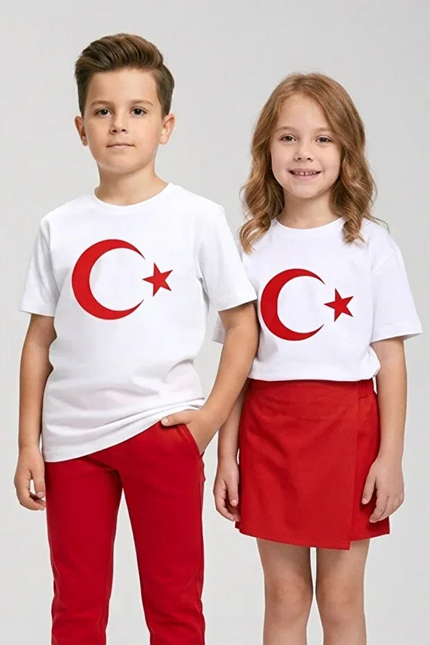 Детская футболка с принтом Crescent Star Turkish Flag Printed Cotton 23 April Dmb Boys & Girls, White