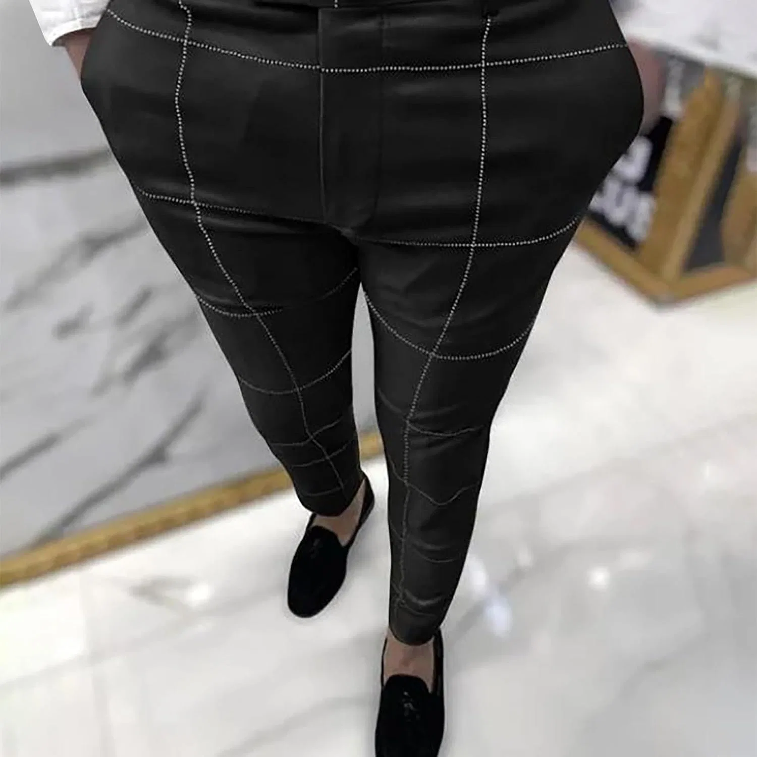 Мужские спортивные брюки с принтом, Large Plaid Striped Casual Pants, чёрный — фото 2