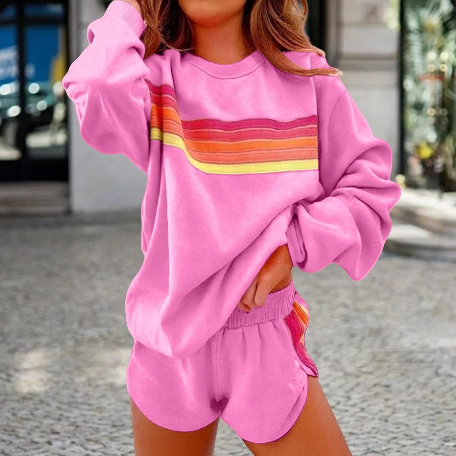 Женский комплект из свитшота и шорт с полосатым принтом, Zb-Hot Pink — фото 2