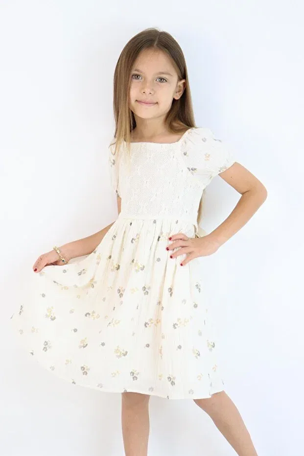 Детское платье для девочек хлопковое Lacy Muslin Dress Miababy, Ecru — фото 4