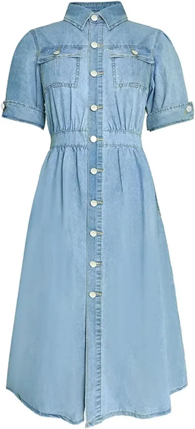 Женское джинсовое платье A-силуэта с коротким рукавом, Blue — фото 4