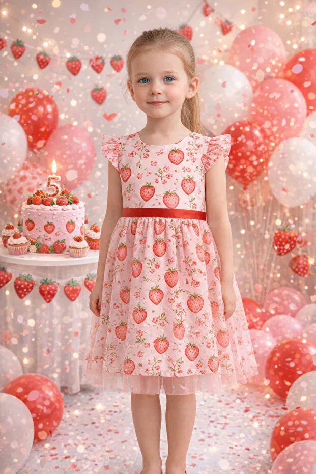 Детское платье для девочек с принтом Strawberry-Themed Neşeli Bebe, Strawberry Print — фото 3