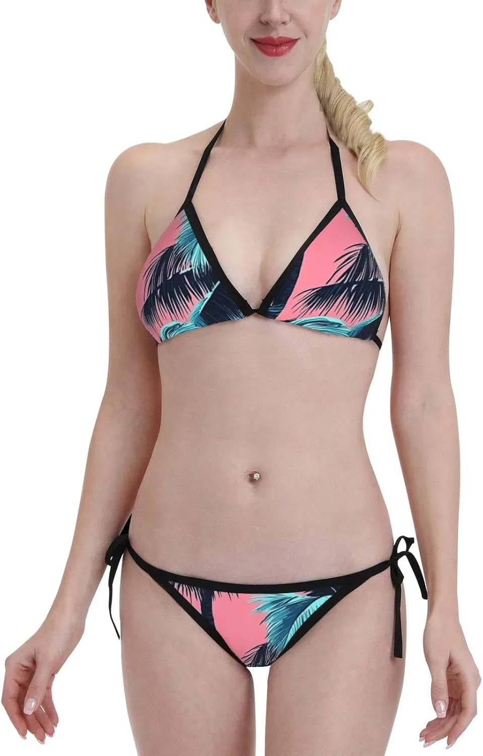 Женский бикини-сет с цветочным принтом Halter Triangle Tie Side, Pink Palm Tree