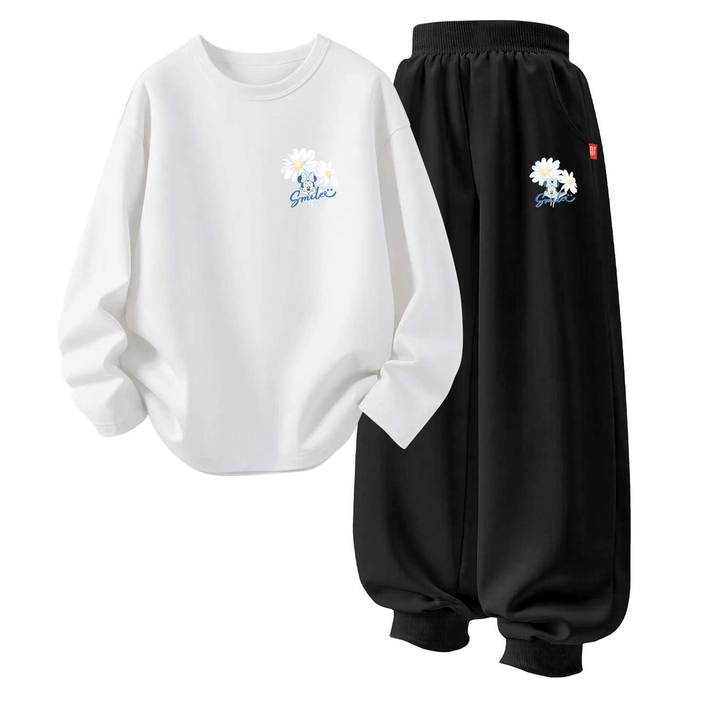 Детский спортивный комплект с круглым вырезом, тонкий, стрейч, Dewi Flower K, Disney, Dewi Flower K White+Dewi Flower K Black