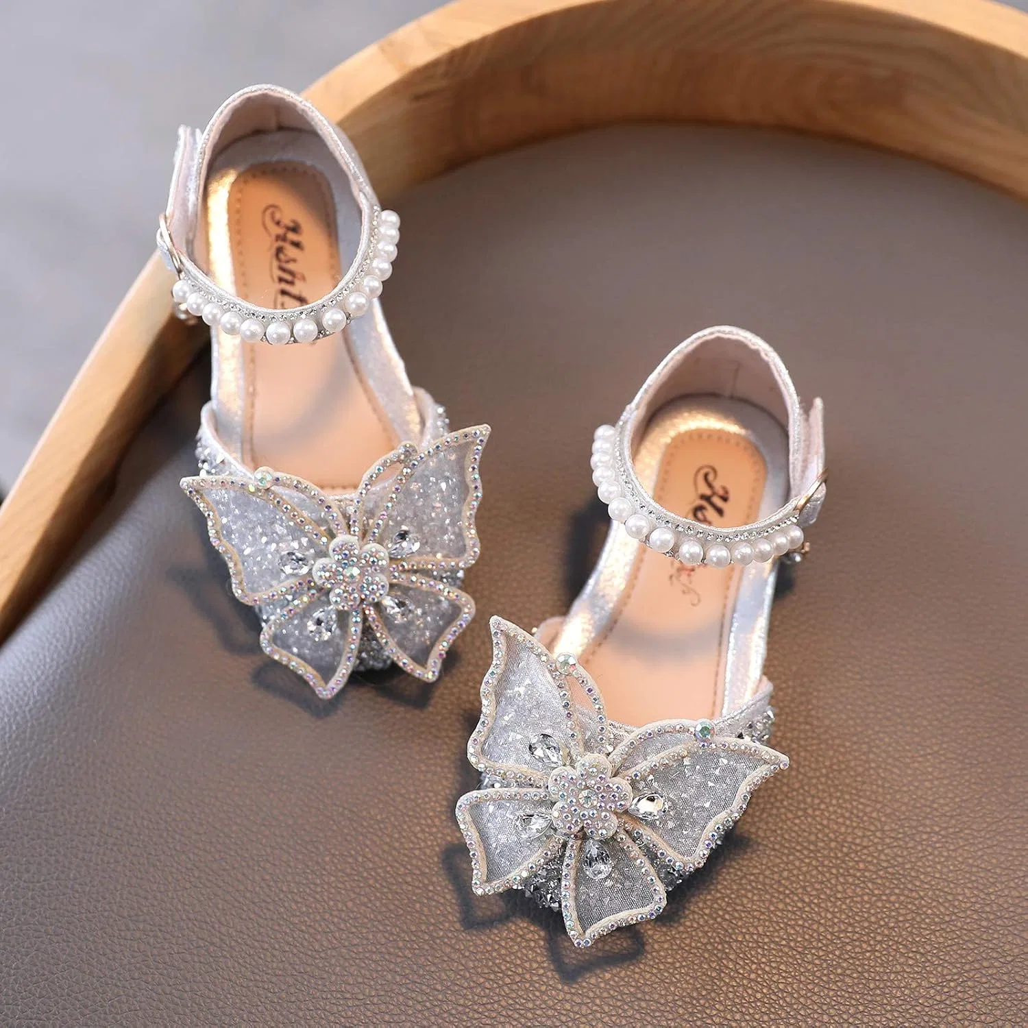 Детские туфли для девочек с принтом Rhinestone Butterfly Shoes, Silver — фото 3