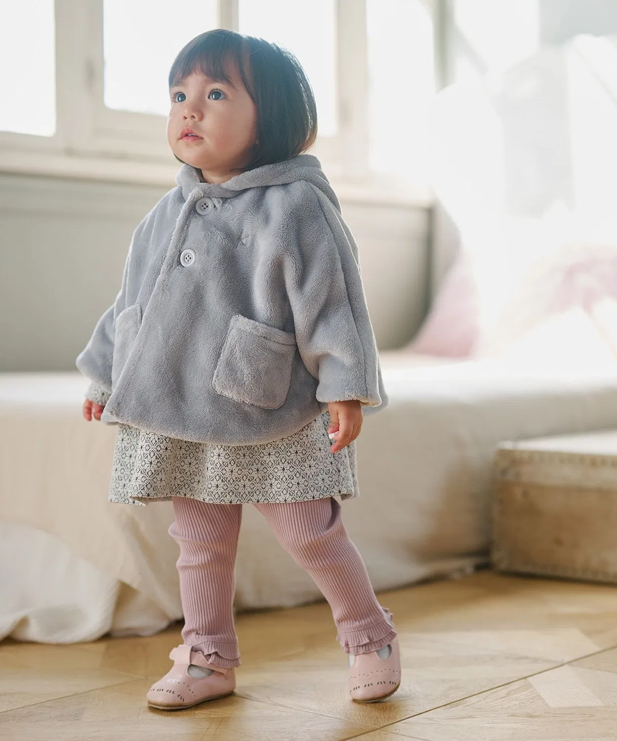 Детский теплый двусторонний плащ-накидка Kumikyoku KIDS, Light Grey — фото 4