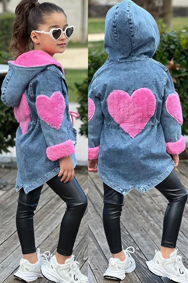 Детское зимнее джинсовое пальто для девочек с капюшоном Elafor, Blue Pink