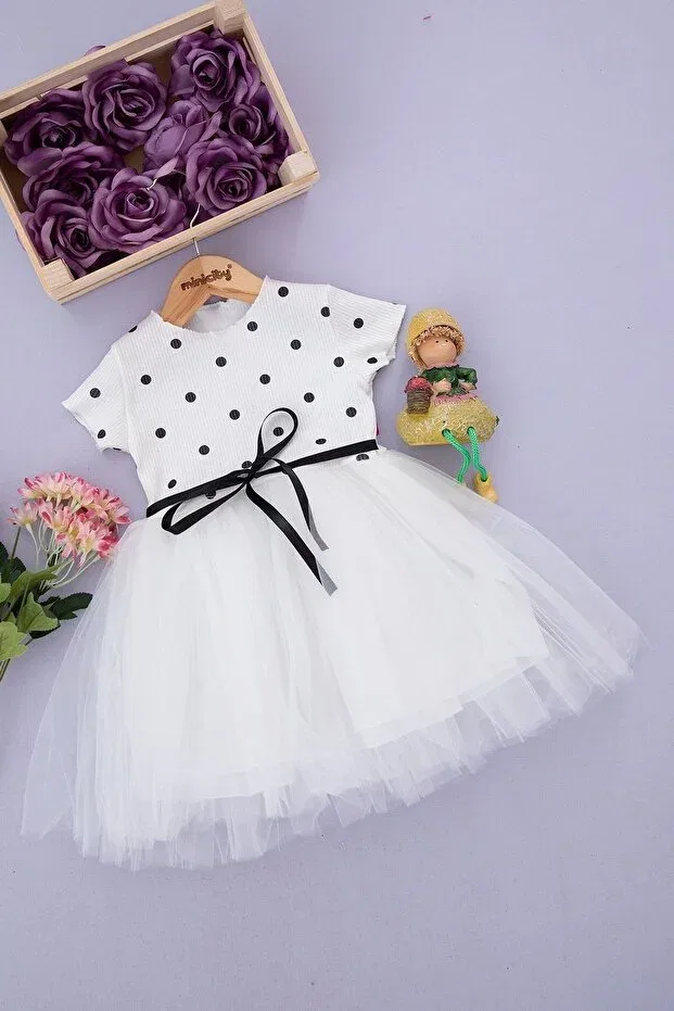 Детское платье для девочек с принтом Daphne ticaret girl polka dot tulle half sleeve dress Bam Bam Giyim, White