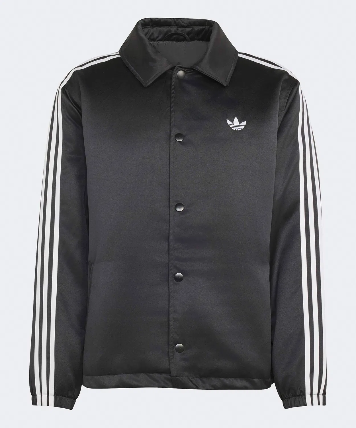 Мужская и женская куртка-коуч с сатиновой отделкой, с логотипом, модель 3 Stripes Satin Coaches Jacket, Adidas, Black — фото 2