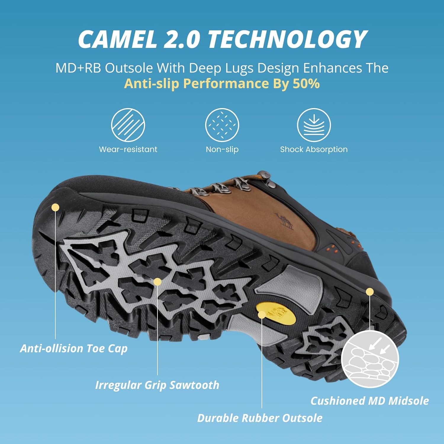Мужские походные ботинки CAMEL CROWN, низкие треккинговые кроссовки для улицы, водонепроницаемые кожаные кроссовки для прогулок по тропам, хаки — фото 3