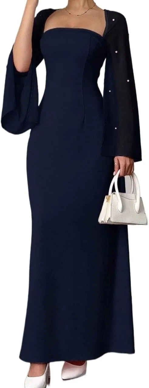 Женское A-силуэта макси платье с длинным рукавом, Navy Blue