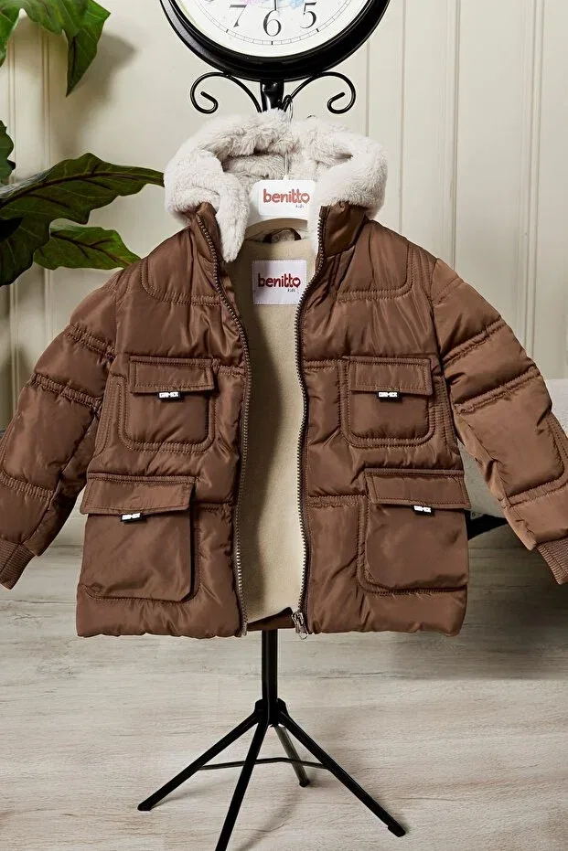 Детское пальто для девочек с капюшоном Benitto Kids, Camel — фото 3