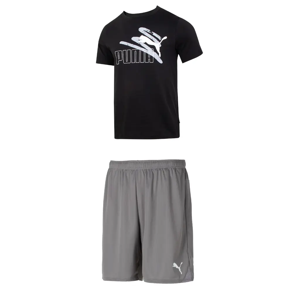 

Повседневный спортивный мужской комплект: черный топ + серые шорты Puma, черный
