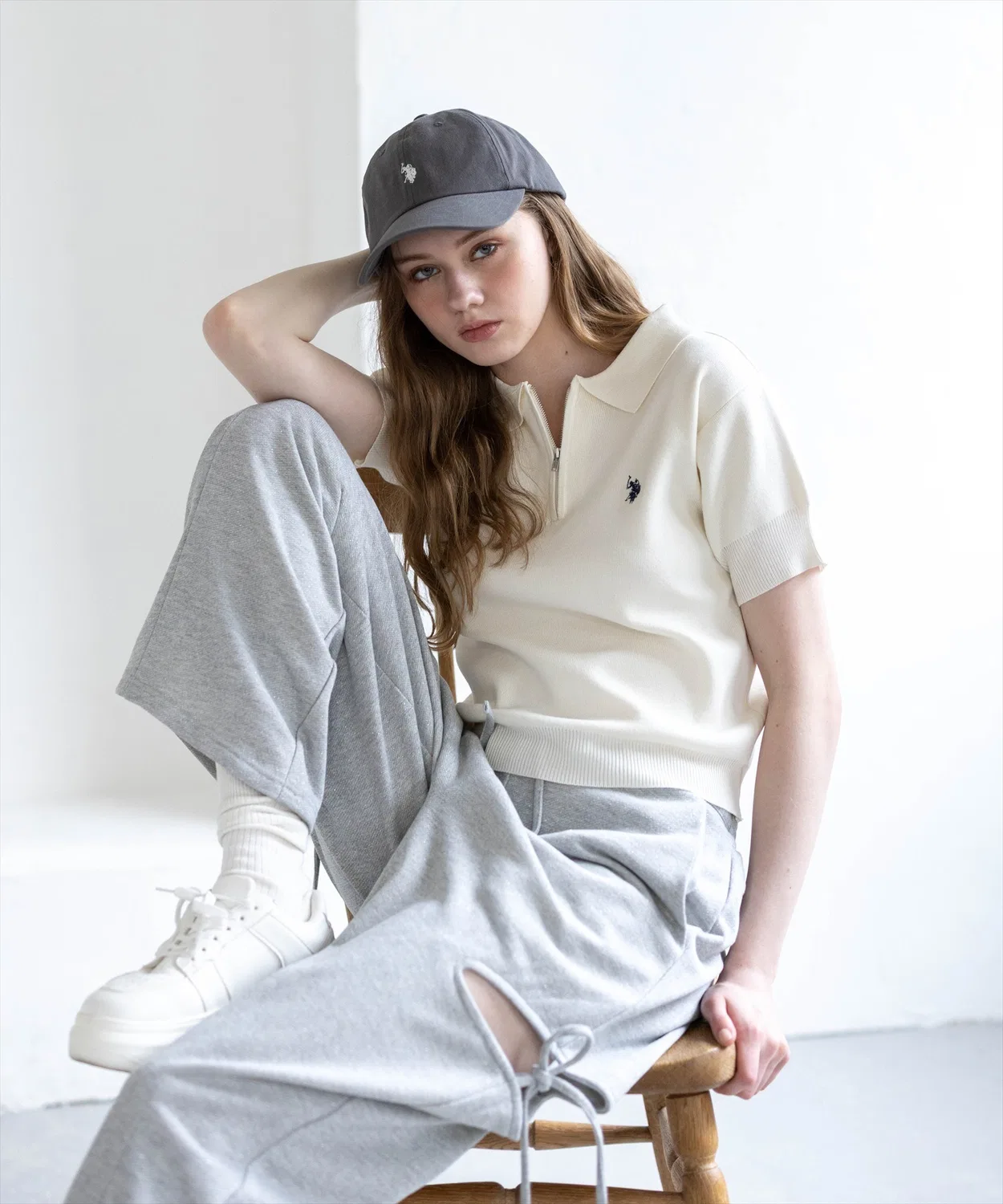 Женский полузастегнутый летний джемпер с вышивкой U.S. POLO ASSN., Ivory