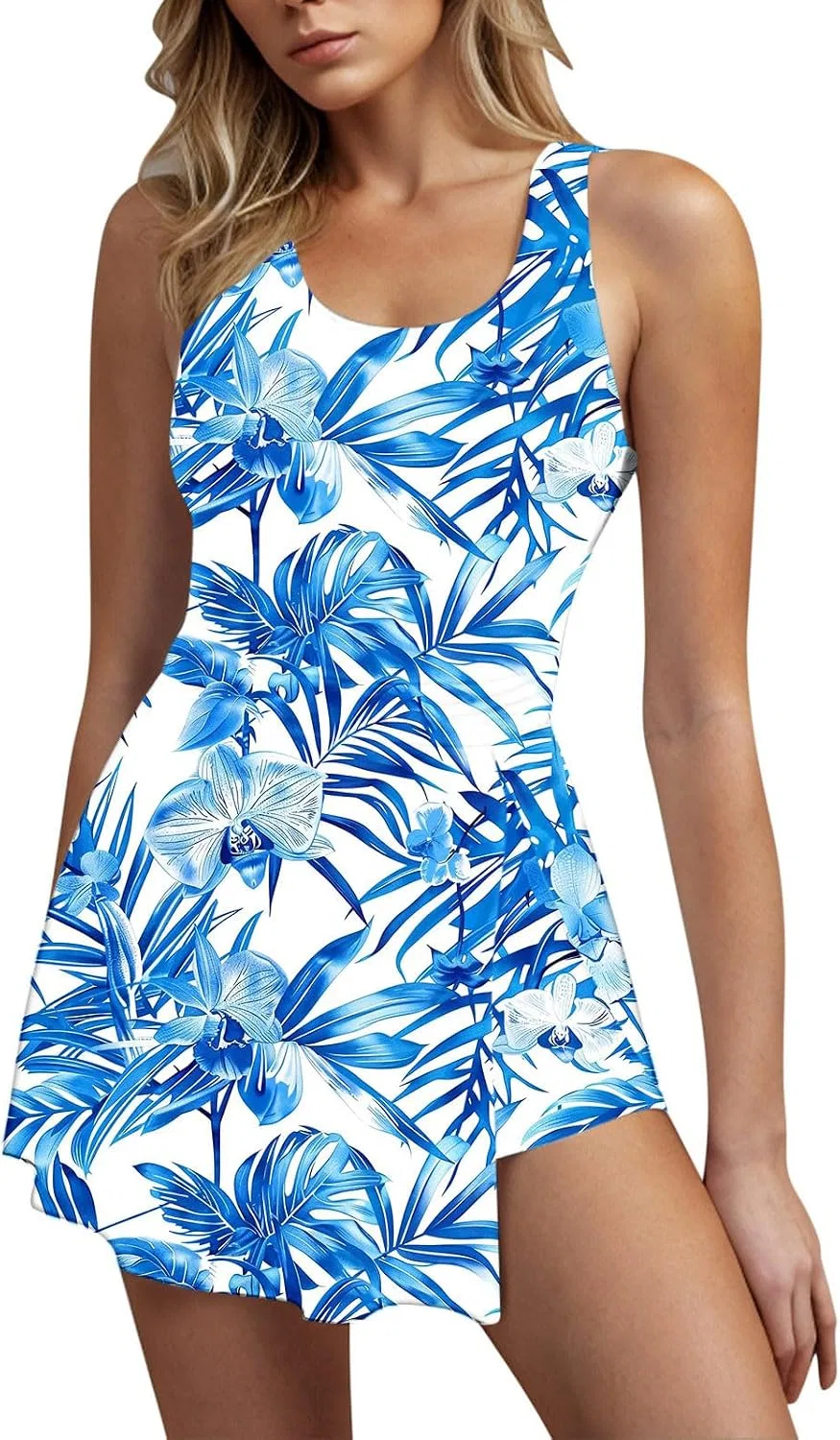 Женский танкини с утяжкой живота, Split Swimdress Skirt Ruched, Multicolor