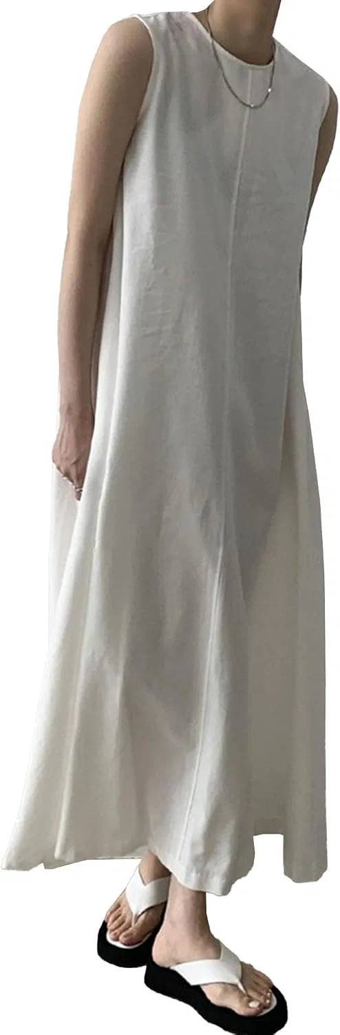 Женское льняное платье-сарафан свободного кроя, White