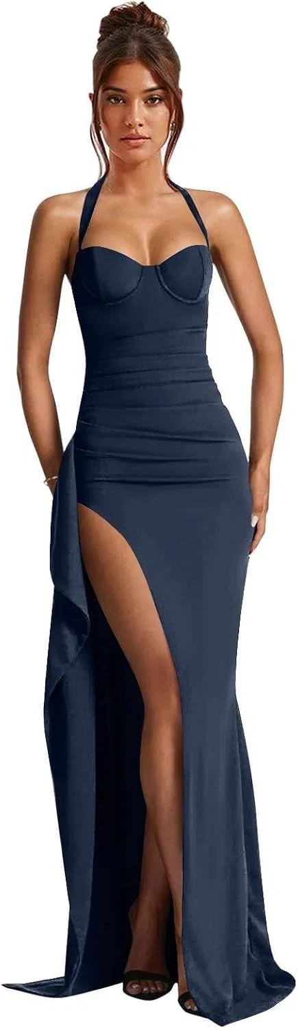 Женское атласное вечернее платье с разрезом YH161, Navy Blue
