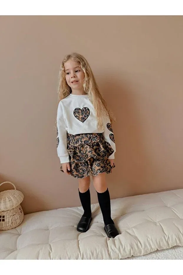 Детский комплект для девочек с принтом Leopard Patterned Skirt Bloom, Ecru