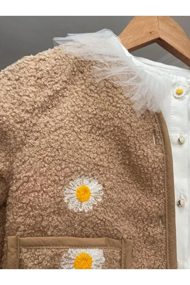 Детское пальто для девочек с принтом Daisy Print Seasonal Coat and Long Sleeve White Shirt Set, Generic Brands, Brown — фото 3