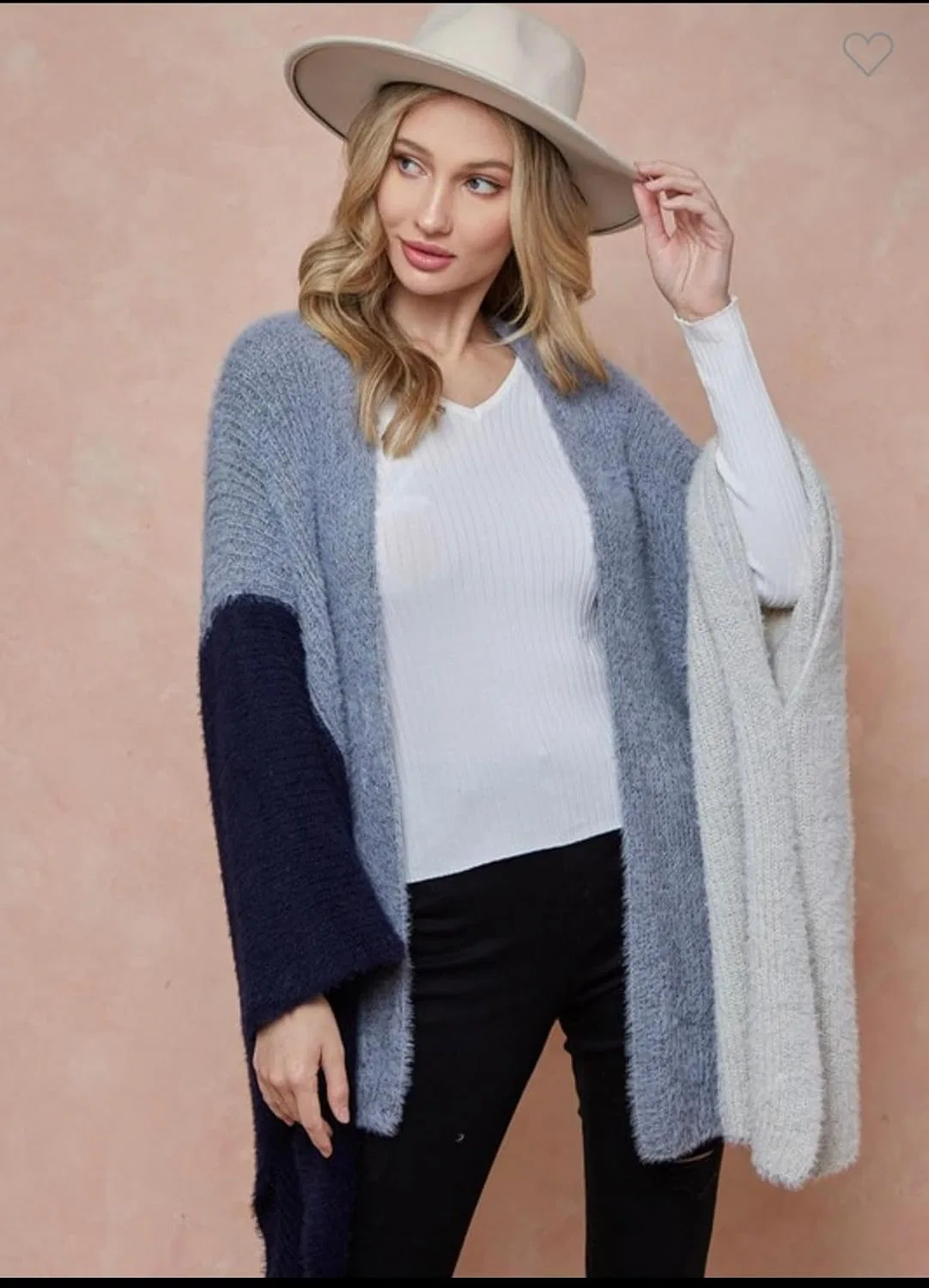Женский кардиган-шаль с цветовым блоком, с длинным рукавом, Grey Navy White Colorway, Grey Navy Blue and White Color Block — фото 2