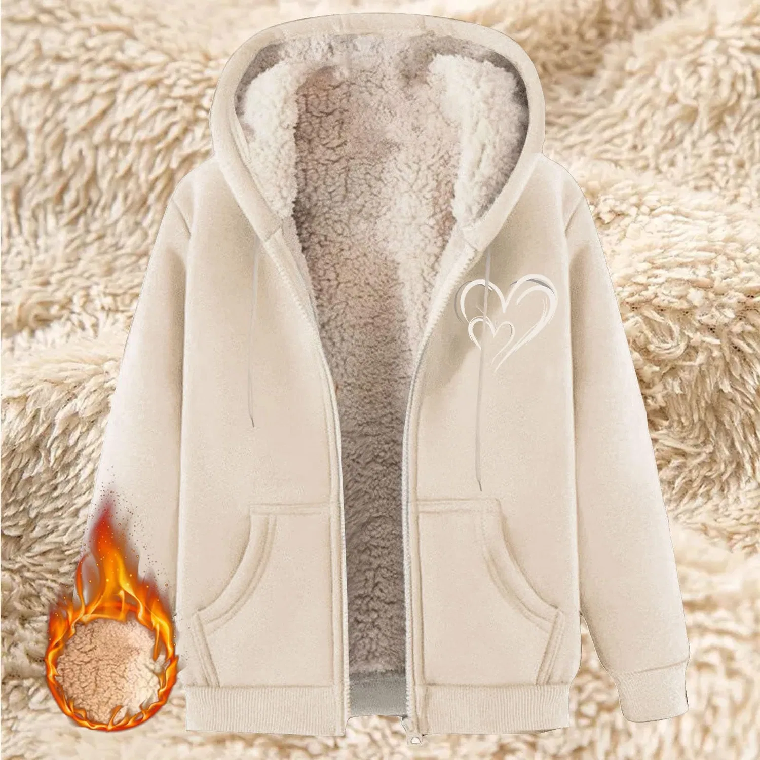 Женское зимнее пальто с капюшоном из шерсти ягненка, Beige — фото 3