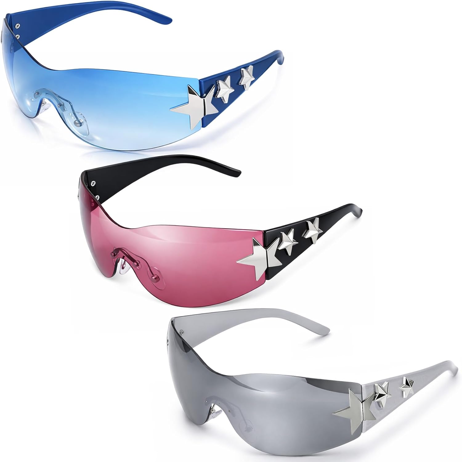 

3 пары солнцезащитных очков Y2K для женщин и мужчин, модные солнцезащитные очки-щитки с обтекаемой формой, большие модные безрамочные очки Ovveroche, 3 Pairs - Multicolor