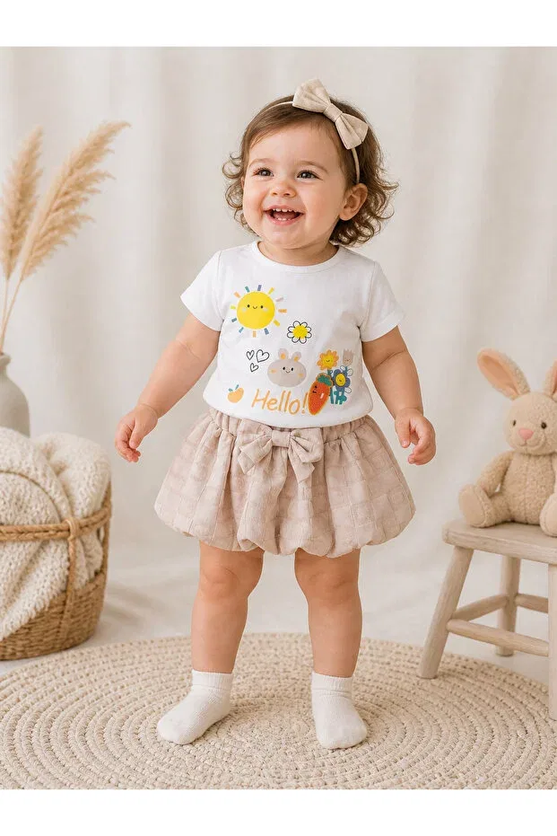 Детский комплект для девочек с принтом Hello Sun Shine Ozz Baby, White - Beige