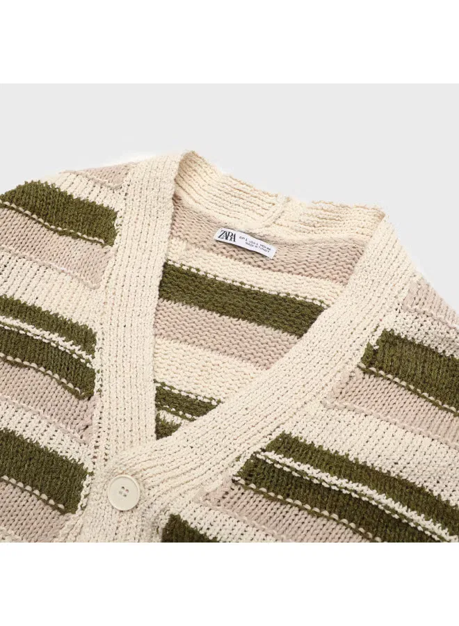 Кардиган вязаный с V-образным вырезом и полосками Zara, бежевый — фото 4