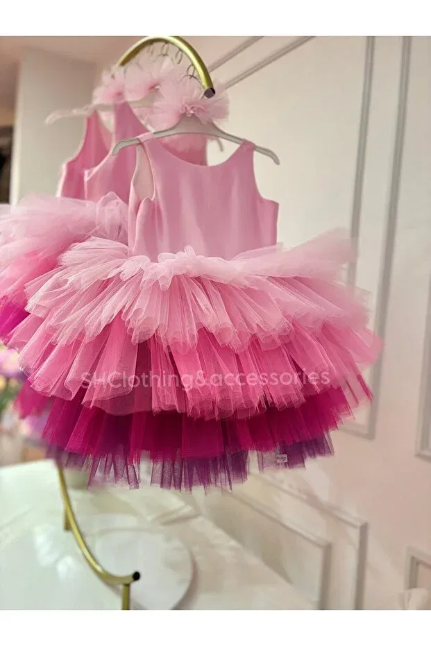 Детское платье для девочек без рукавов Girl'S pink colorful design back drawstring birthday wedding party dress Shclothing Accessories, Pink