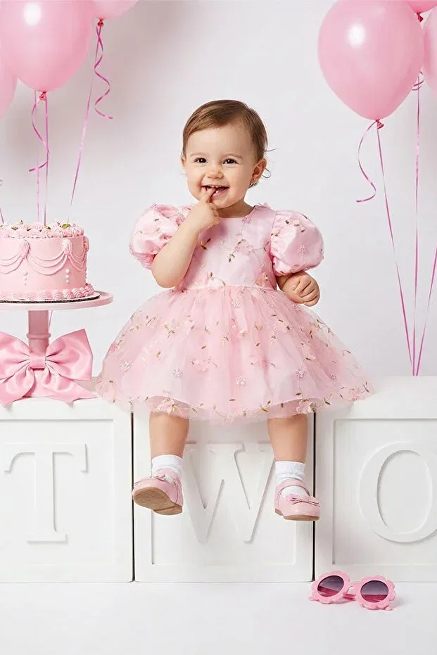 Детское платье из фатина с цветочным принтом Flower 3d Floral Detailed Embroidered Tulle Dress Banamio, Pink