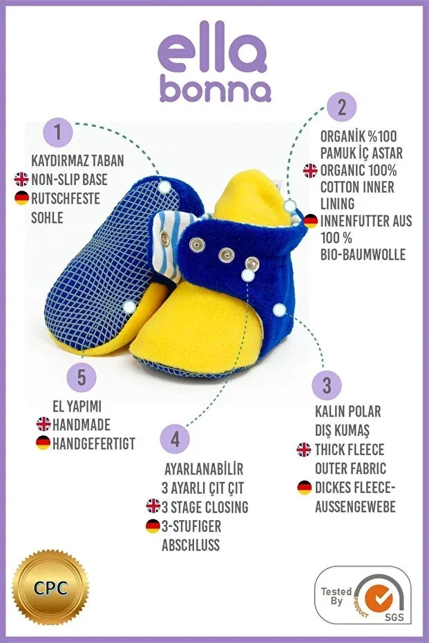 Детские тапочки для новорожденных хлопковые Non-Slip sole baby slippers ilkadım home booties anti-sweat organic cotton lined Ella Bonna, Yellow Navy Blue — фото 3
