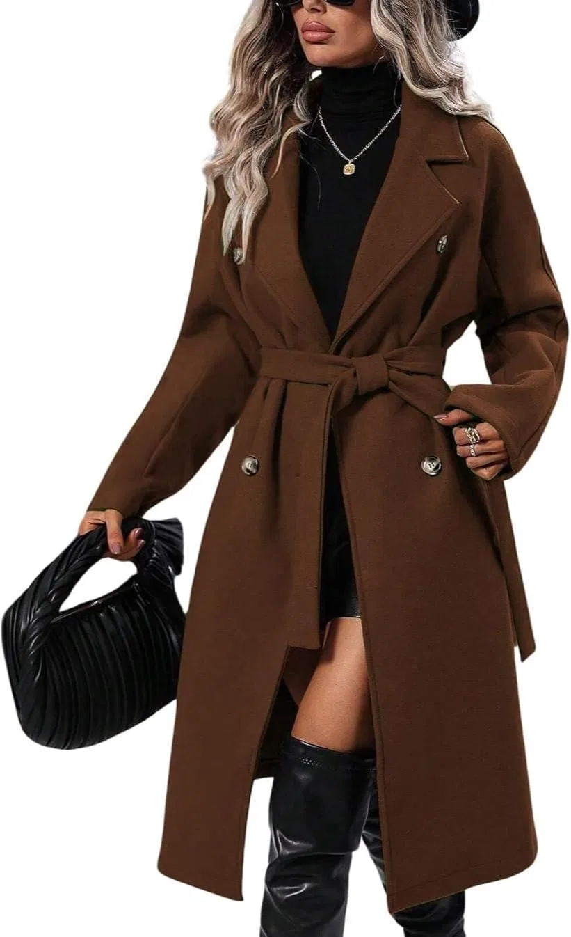 Женское длинное шерстяное пальто с лацканами и поясом, brown