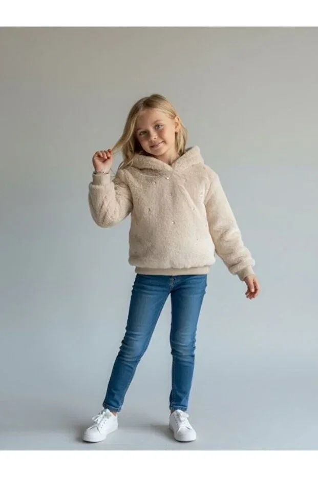 Детское худи для девочек из плюша с капюшоном Zekids, Ecru — фото 2