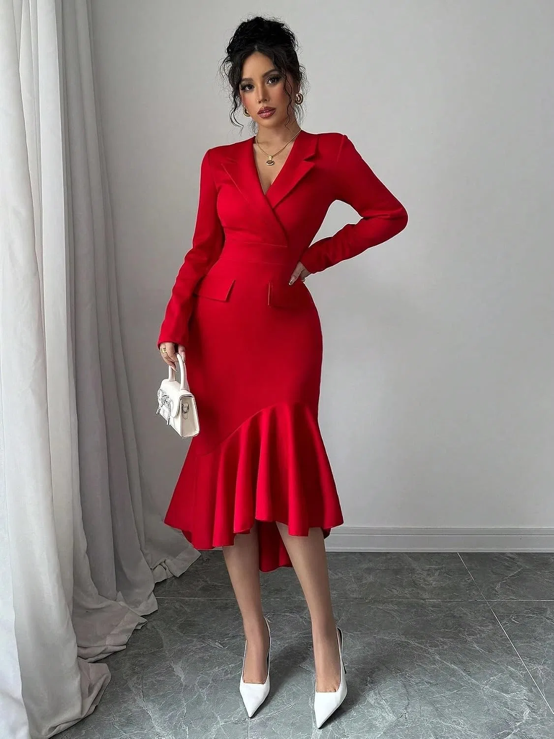 Женское элегантное платье миди с асимметричным подолом, Red — фото 3