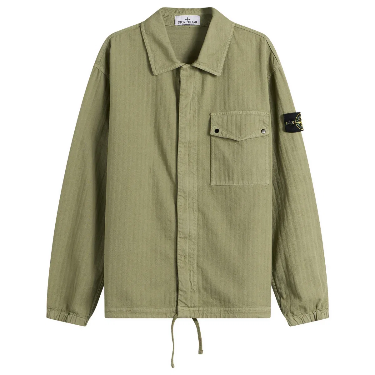 Куртка-рубашка на молнии из хлопка с узором «елочка», модель Cotton Herringbone Zip Shirt Jacket Stone Island, Laurel Green