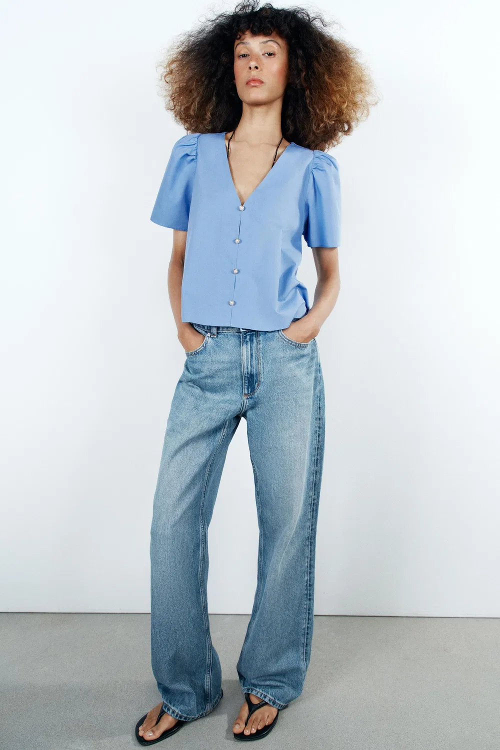 Топ из поплина с пуговицами из искусственного жемчуга ZARA, Sky blue