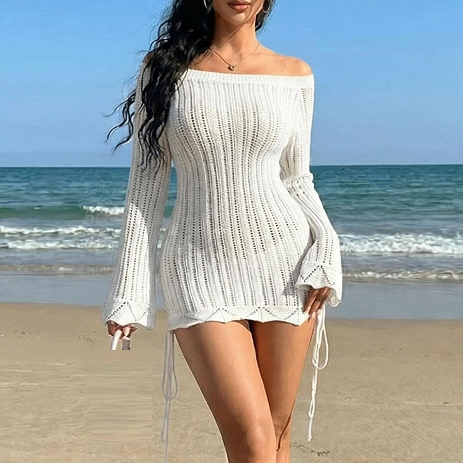 Женское пляжное платье-накидка с кружевным узором оверсайз, White — фото 3